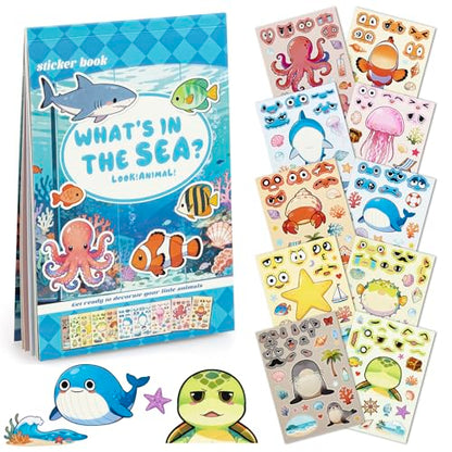 Dizdkizd Ocean Stickers for Kids, Make a Face Sea Animal Sticker Sheets with 10 Faces and 1 Scene Card, Under The Sea Party Favors, Fun Crafts Activities and Classroom Rewards - style: Marine