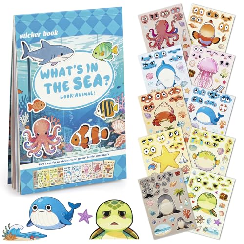 Dizdkizd Ocean Stickers for Kids, Make a Face Sea Animal Sticker Sheets with 10 Faces and 1 Scene Card, Under The Sea Party Favors, Fun Crafts Activities and Classroom Rewards - style: Marine