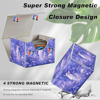 Magnetic Closure TCG Deck Box Portable Card Holder Trading Card Deck Box | PU Leather Collectible Card Case Game Trading Card Deck Box Storage Scratch Resistant Lining, Cat In Purple Flower Field - color: Cat In Purple Flower Field