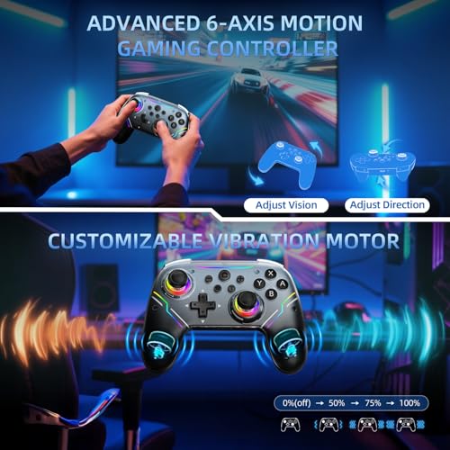 JDDWIN Wireless Controller for Switch 2/Switch/PC/Steam Deck, Hall Effect Joysticks & Triggers/Wake-up Function, Gamepad with RGB Light /Turbo/Programmable/ Dual Vibration Bluetooth USB Adapter for PC (Black) - color: Black