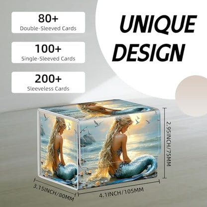 Trading Card Storage Box, Holds 100+ for MTG Cards, PU Leather with Magnetic Closure, Blonde Mermaid on Beach at Sunset Durable Deck Box for Magic the Gathering, Trading Card Games - color: Blonde Mermaid on Beach at Sunset