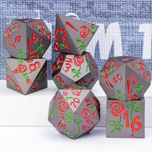 Gothic DND Dice Set Bleeding Rose Metal D and D Dice for use with Dungeons Dragons D&D Role Playing Game, Red RPG Blood Polyhedral Dice Set D20 D12 D10 D8 D6 D4 - color: Red&black&red Numbers