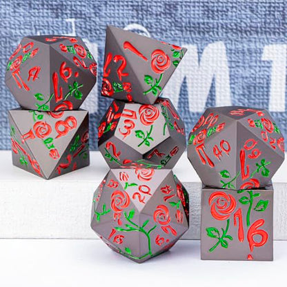 Gothic DND Dice Set Bleeding Rose Metal D and D Dice for use with Dungeons Dragons D&D Role Playing Game, Red RPG Blood Polyhedral Dice Set D20 D12 D10 D8 D6 D4 - color: Red&black&red Numbers