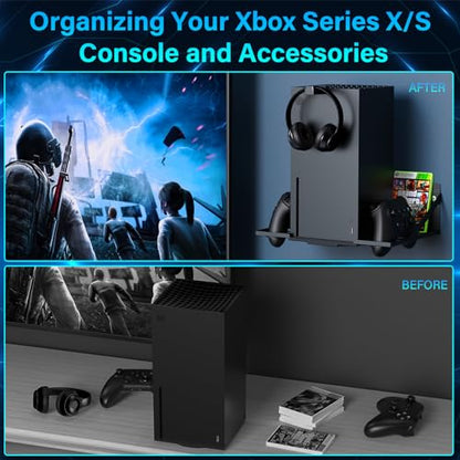 Wall Mount for XB Series X/S with 2 Headset Stand, Luckit Metal Wall Mount Kit Compatible with XB Series X/S Console and Dual Controller Accessories, Efficient Ventilation Design Wall Shelf - size: Wall Mount