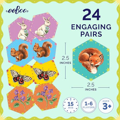 eeBoo Life in a Meadow Memory & Matching Game, Ages 3+, 1-4 Players | Introduces woodland flora & fauna. Sharpens recognition, concentration & memory skills. Includes 48 hexagonal tiles, 24 pairs - style: Life in a Meadow