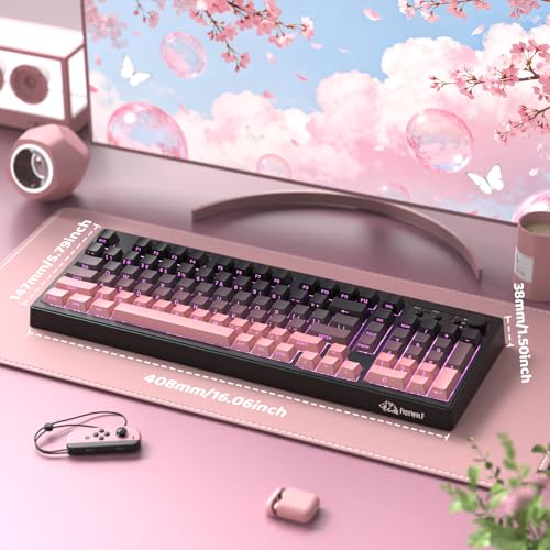 FREEWOLF K100 99 Keys Gaming Creamy Silent Wireless Keyboard with Media Knob,BT/2.4GHz/USB-C,Side Printed Keys RGB Backlit Number Pad,Retro Cute Membrane Computer Keyboard for PC/MAC-Gradient Pink - color: Gradient Pink