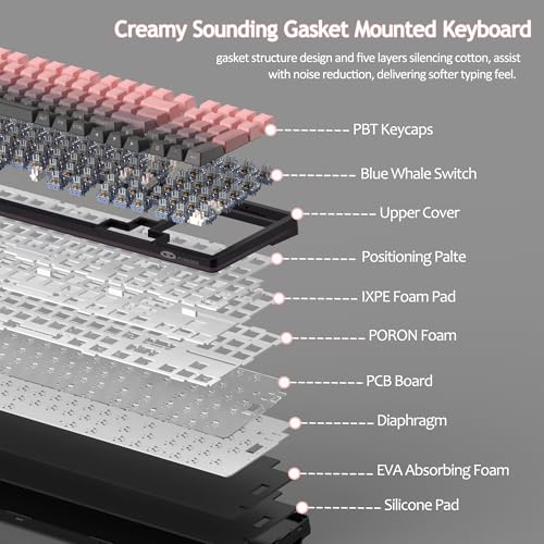 MageGee LIGHT100 Wireless Creamy Keyboard, Gasket Structure Hot Swappable, 2.4G/USB-C/BT5.0 RGB Backlit Mechanical Gaming Keyboard for Win/Mac/PC, 8000mAh Battery, Side Printed PBT Keycap, Pink - color: Pink/Blue Whale Switch