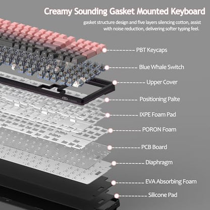 MageGee LIGHT100 Wireless Creamy Keyboard, Gasket Structure Hot Swappable, 2.4G/USB-C/BT5.0 RGB Backlit Mechanical Gaming Keyboard for Win/Mac/PC, 8000mAh Battery, Side Printed PBT Keycap, Pink - color: Pink/Blue Whale Switch