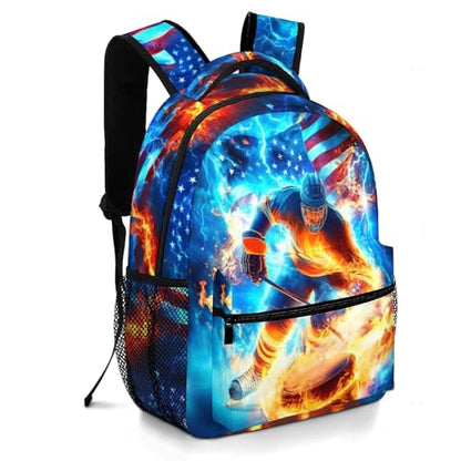 Ice Hockey School Backpack for Kids Boys American Flag Sports Ball Backpack for Boys Children Teens Elementary Middle School Students Bookbag - color: Ice Hockey