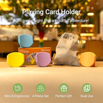BORICO 4 Pack Playing Card Holders for Kids & Adults - Handheld/Tabletop Use/Drawstring Pouch, Perfect for Game Nights & Travel (4 Colors)