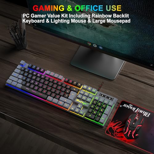 BlueFinger RGB Gaming Keyboard and Backlit Mouse Combo, USB Wired, LED Gaming Set for Laptop PC Computer Game and Work(Gray & Black) - color: Gray & Black