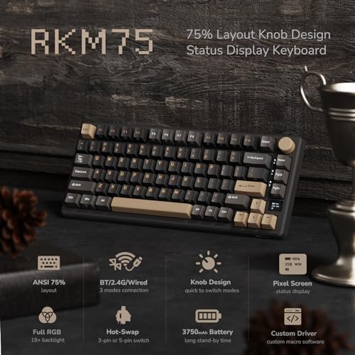RK ROYAL KLUDGE M75 Wireless Mechanical Keyboard 2.4Ghz/BT5.1/USB-C Gaming Keyboard 75% Layout 81 Keys Gasket Mount with OLED Display & Knob RGB Backlight Hot-Swappable Pale Green Switch, Grey - color: Grey, size: Pale Green Switch