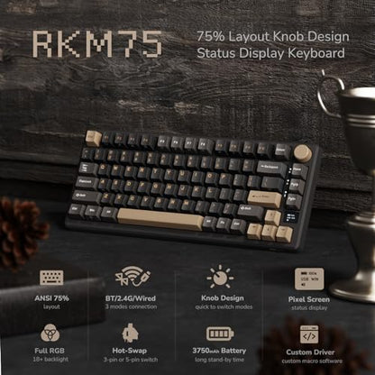 RK ROYAL KLUDGE M75 Wireless Mechanical Keyboard 2.4Ghz/BT5.1/USB-C Gaming Keyboard 75% Layout 81 Keys Gasket Mount with OLED Display & Knob RGB Backlight Hot-Swappable Pale Green Switch, Grey - color: Grey, size: Pale Green Switch