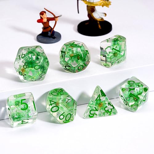 DND Resin Flower Dice Set, D&D Polyhedral Dice for Dungeons and Dragons RPG, MTG Role Playing Games D and D Dice 7pc D20 D12 D10 D8 D6 D4 - color: Green Flowers