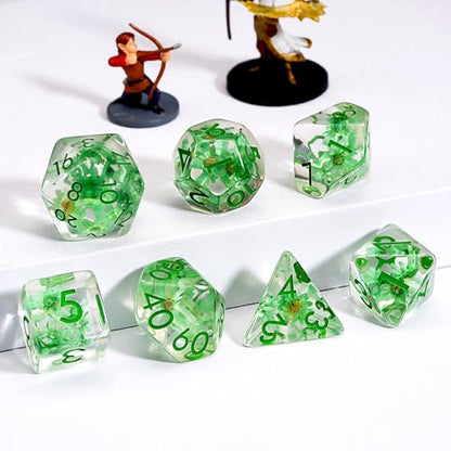 DND Resin Flower Dice Set, D&D Polyhedral Dice for Dungeons and Dragons RPG, MTG Role Playing Games D and D Dice 7pc D20 D12 D10 D8 D6 D4 - color: Green Flowers