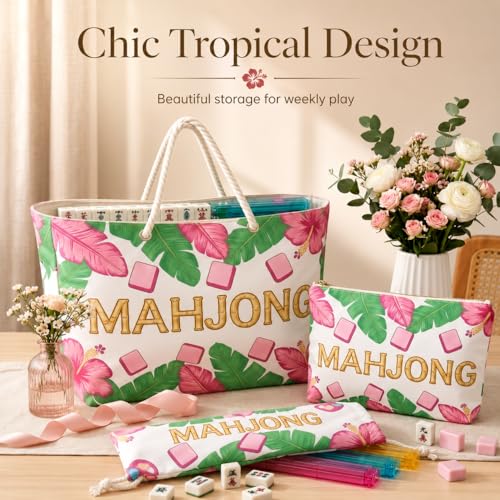 3 Pcs Empty American Mahjong Bags for Tiles and Racks and Mat, Pink Tropical Mahjong Carrying Tote with Zipper Tile Pouch and Rack Sleeve, Thickened Canvas Storage Bag, Case Only - color: Pink Tropical