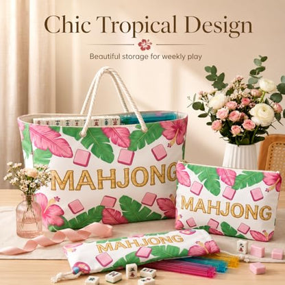 3 Pcs Empty American Mahjong Bags for Tiles and Racks and Mat, Pink Tropical Mahjong Carrying Tote with Zipper Tile Pouch and Rack Sleeve, Thickened Canvas Storage Bag, Case Only - color: Pink Tropical