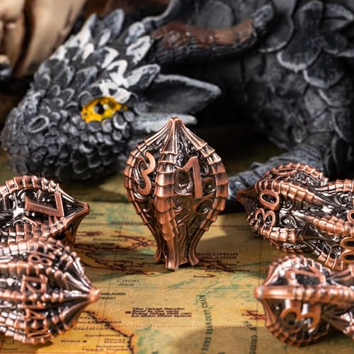7-Die Metal DND Dice Set Metallic Polyhedral Role Playing Dice | Dragon Claw Design Compatible with Dungeons and Dragons RPG Tabletop Role-Playing Games - color: Dragon Claw-ancient Copper