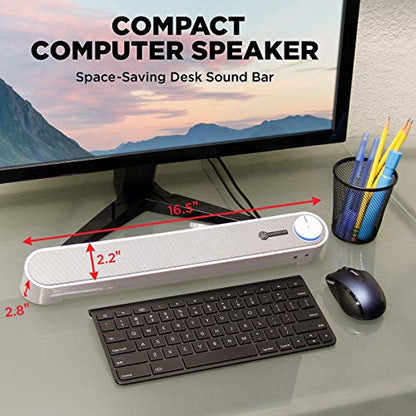 GOgroove Computer Speaker Mini Soundbar - USB Powered PC Sound Bar with Easy Setup Wired AUX, Stereo Audio, Microphone Port, Volume Control Knob, Under Monitor Design for Desktop (White) - color: White and Grey