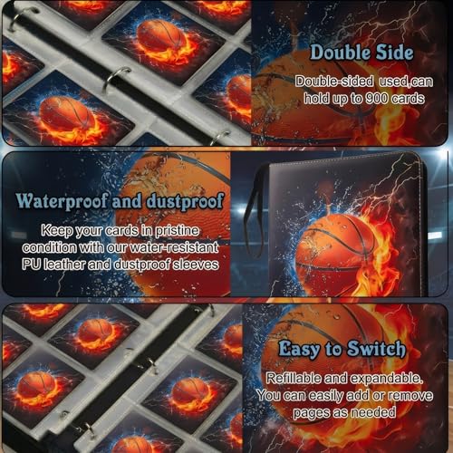 Trading Card Binder 9 Pocket, Basketball Card Binder Holds 900 Cards with 50 Removable Sleeves, Waterproof PU Leather with Zipper Card Collector Album Book Compatible with TCG Cards - color: Basketball