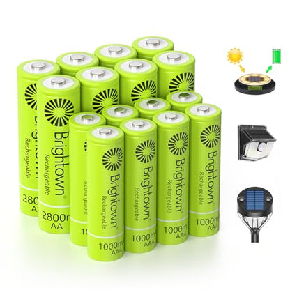 Brightown 8 Pack AA 2800mAh and 8 Pack AAA 1000mAh Rechargeable Batteries Combo - 1.2V NiMH High Capacity Battery - Ideal for Solar Lights & Home Devices, Recharge up to 1000x Times, Pre-Charged - size: 8PC AA 2800mAh + 8PC AAA 1000mAh