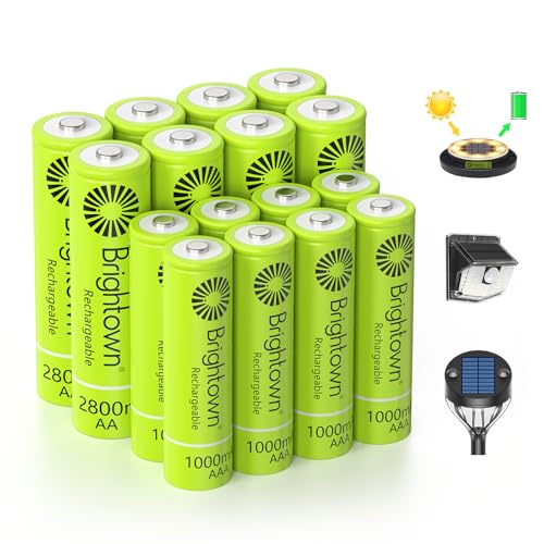 Brightown 8 Pack AA 2800mAh and 8 Pack AAA 1000mAh Rechargeable Batteries Combo - 1.2V NiMH High Capacity Battery - Ideal for Solar Lights & Home Devices, Recharge up to 1000x Times, Pre-Charged - size: 8PC AA 2800mAh + 8PC AAA 1000mAh