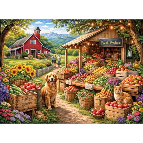 500 Piece Puzzles for Adults, Countryside Farm Market Jigsaw Puzzles | Fruit Fresh Produce Puzzle 500 Pieces, Mountains Meadow Jigsaw Puzzle, Dog Cat Funny Puzzle Home Decor Birthday Party Gift - color: Farm Market