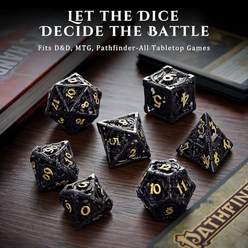 MoKo Dragon Hollow Metal DND Dice Set, Black+Gold | 7 Pcs Polyhedral, D20 D12 D10 D8 D6 D4, For Dungeons and Dragons RPG Games, With Gift Box - color: 4 - Black+gold