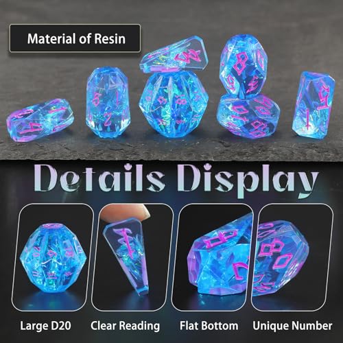 FONVGOGO Polyhedral Dice Set, DND Dice Set Resin Dungeons and Dragons Gifts Ideas Role Playing RPG Dice Cool Dice 7 Piece D20 D12 D10 D8 D6 D4（Blue and Purple） - color: S Blue and Purple