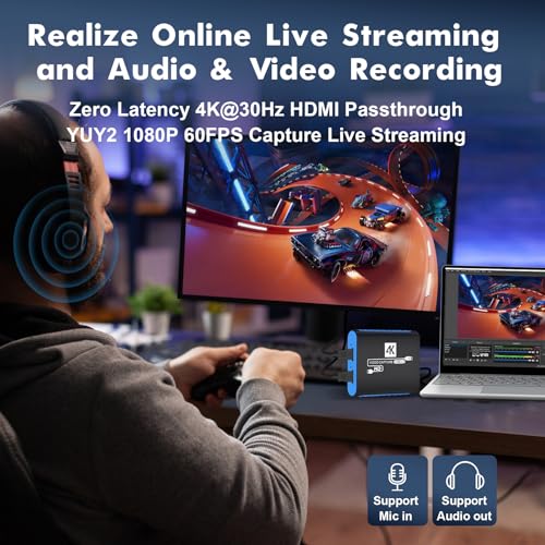 USB Capture Card for Streaming, YUY2 1080P 60FPS for Switch/PS5/Xbox/DSLR | 4K HDMI Pass-Through, 3.5mm Mic-in, Plug & Play No Drivers, for OBS Twitch YouTube, Windows/Mac Compatible - color: Blue