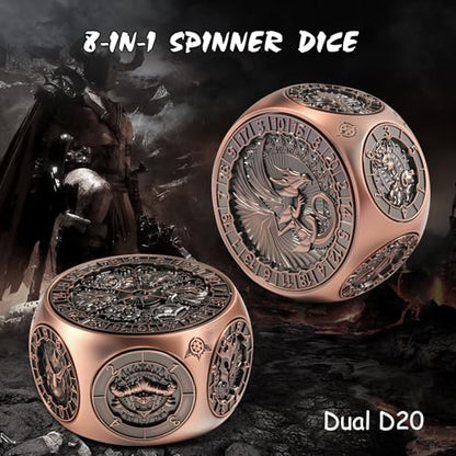 DNDND Copper 8-in-1 Spinner Dice with Dual D20 - Monster Themed Hexagonal Metal Dice for Dungeons and Dragons D&D, TTRPG with Collectible Gift Tin - color: Copper
