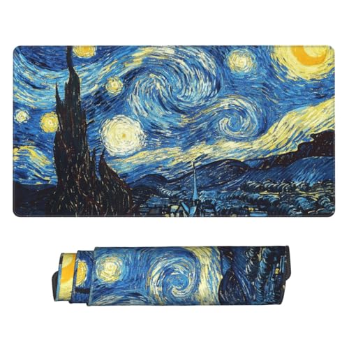 MTG Playmat Starry Night Painting TCG Mat Board Game Card Game Trading Card Game Play Mat Desk Pad Original Hand Painted Stitched Edges Smooth Surface Rubber Base 23.6x13.8in