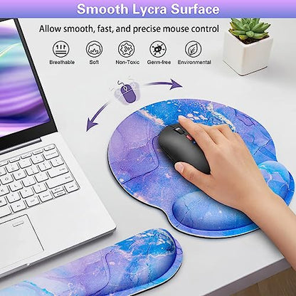 Mouse Pad Purple, Mouse Pad with Wrist Rest Set, 3-in-1 | Wrist Support Mousepad Set,Gaming with Anti-Skid Base,Ergonomic Memory Foam Keyboard Gel Wrist Rest - color: Purple Blue Marble