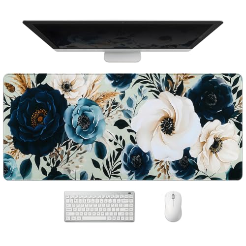 Extended Peony Florals Desk Mat, XXL Large Gaming Mouse Pad, Elegant Flowers Boho Navy Blue Stitched Edges Waterproof Non-Slip Rubber Base for Computer Keyboard Laptop Work Home Office 35.4"x15.7" - color: Florals Sage Green, size: 35.4" x 15.7"