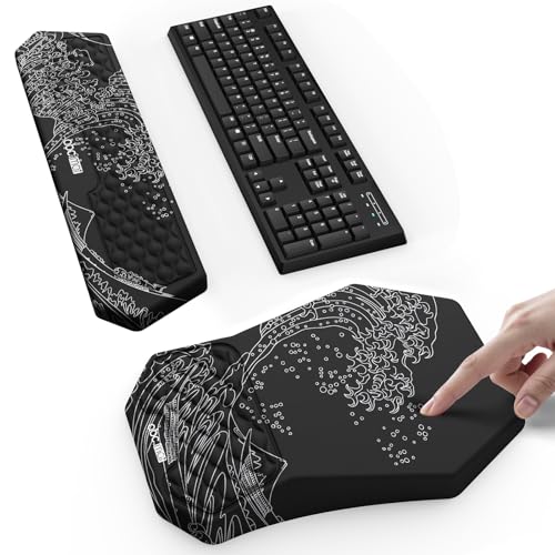 Ergonomic Mouse Pad and Keyboard Wrist Rest Support Set, Massage Design Mousepad for Carpal Tunnel Pain Relief, Memory Foam, Non-Slip PU Base for Computer Desk, Kanagawa Japanese Sea Wave - color: Sea