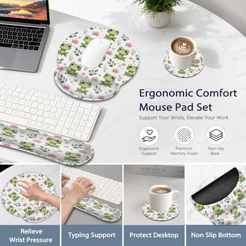 Cute Frog Wrist Rest Mouse Pad and Keyboard Support Set,Lotus Flower 3 in 1 Ergonomic Memory Foam Mousepad with Non Slip Base, Gaming Mouse Pad for Office and Home - color: Cute Frog Lotus Flower