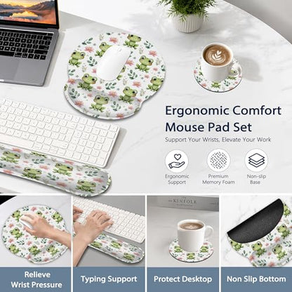 Cute Frog Wrist Rest Mouse Pad and Keyboard Support Set,Lotus Flower 3 in 1 Ergonomic Memory Foam Mousepad with Non Slip Base, Gaming Mouse Pad for Office and Home - color: Cute Frog Lotus Flower