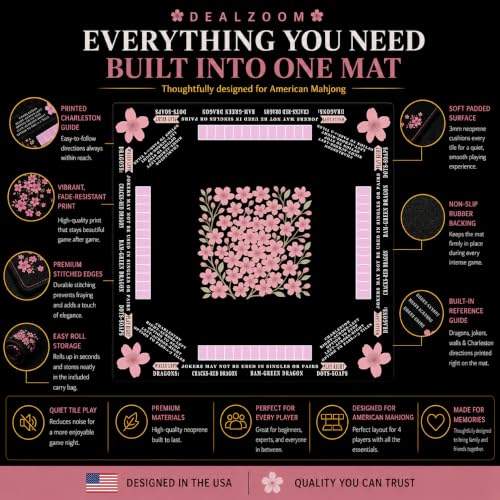 American Mahjong Mat with Rules Printed (33x33, 2.5mm Thick, Cherry Blossom Black) Mahjong Mat for Table w/Bag, Crease-Proof Waterproof Non-Slip, Soft Mahjong Table Mat, Noise Reduction - color: Cherry Blossom Black Mat