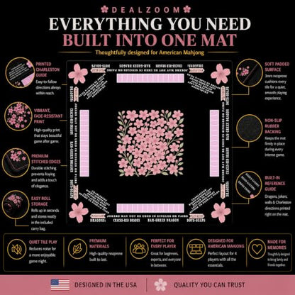 American Mahjong Mat with Rules Printed (33x33, 2.5mm Thick, Cherry Blossom Black) Mahjong Mat for Table w/Bag, Crease-Proof Waterproof Non-Slip, Soft Mahjong Table Mat, Noise Reduction - color: Cherry Blossom Black Mat