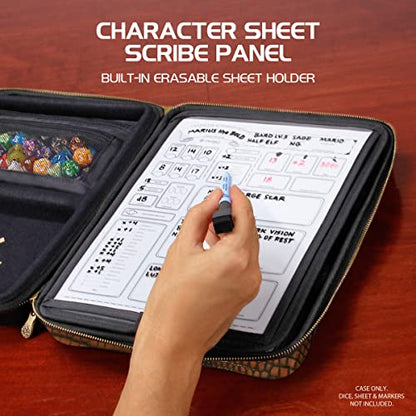 ENHANCE RPG Organizer Case - DnD Binder with Built-in Character Sheet Holder and Erasable Scribe Panel, Dice Rolling Area, Removable Pen Pouch, Miniature Foam Tray, Wrist Strap - color: Dragon Brown