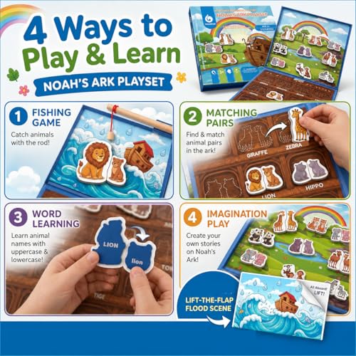Travofun 4-in-1 Animal Game,Magnetic Travel Game for Toddlers Ages 3-5 | 4-in-1 travel toy with magnetic fishing, animal matching, spelling, and story play in a colorful Noah's Ark picture scene. - style: 4-in-1 Animal Game