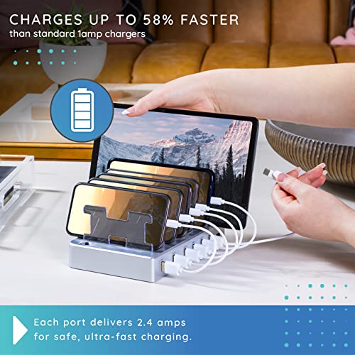 Charging Station for Multiple Devices, 6-Port USB Fast Charger with 6 Mixed Cables, Multi-Device Charging Dock for iPhone, iPad, Android Phones, Tablets, Kindle (Silver, Desktop & Wall Mount)