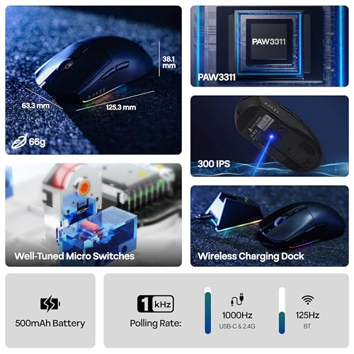 MechLands AJAZZ AJ139 V2 MC Gaming Mouse with Charging Base, Adjustable 12,000 DPI, PAW3311 Sensor, 3 Modes Wireless Mouse, 500mAh Battery, 1000 Polling Rate, 66g Lightweight, Win/Mac (Black) - color: Black