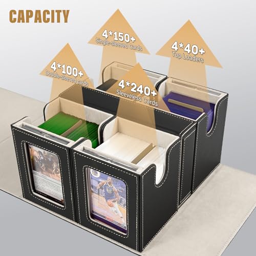 Kabinka Card Deck Box for MTG Commander, Holds 400+ Double-Sleeved Cards, 5 IN 1 Detachable Card Case with Dice Tray, Fits Magic/TCG Cards, 4 Magnetic Card Holders & Dividers (Black Gold) - color: Black Gold