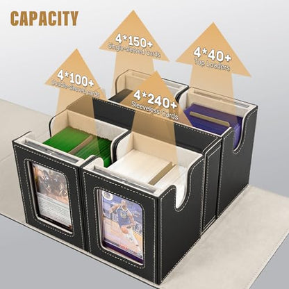 Kabinka Card Deck Box for MTG Commander, Holds 400+ Double-Sleeved Cards, 5 IN 1 Detachable Card Case with Dice Tray, Fits Magic/TCG Cards, 4 Magnetic Card Holders & Dividers (Black Gold) - color: Black Gold