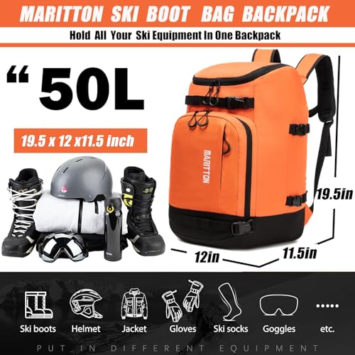 Ski Boot Bag - Boot Travel Backpack for Snowboard & Ski Boots, Helmet, Goggles, Gloves, Accessories - color: orange
