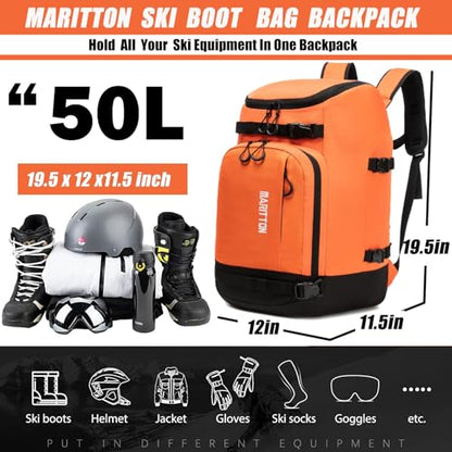 Ski Boot Bag - Boot Travel Backpack for Snowboard & Ski Boots, Helmet, Goggles, Gloves, Accessories - color: orange