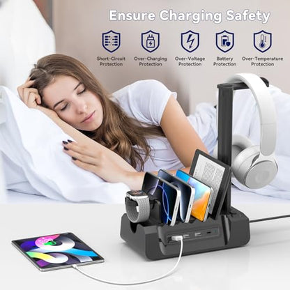 KDD Charging Station with 6 Charging Cables - Fast Charging 6 in 1 Cellphone Charging Dock with Headphone Stand and Watch Holder - 2 AC&USB A&USB C, Storage Station for Smartphone,Tablets, AppleWatch