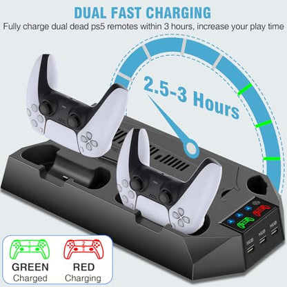 PS5/PS5 Slim/PS5 Pro Stand and Cooling Station with Dual Controller Charging Station for PlayStation 5 Console, PS5 Accessories Incl. Controller Charger, Cooling Fan, Headset Holder, 3 USB Hub, Black - color: Black