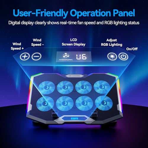 ICE COOREL Gaming Laptop Cooling Pad with 8 Cooling Fans, Laptop Fan Cooler Pad for 15-17.3 Inch, Notebook Cooler Stand with 6 Height Adjustable, RGB Cooling Pad with Two USB Port + Phone Stand - size: 8 Fans